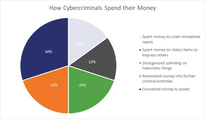 Pie chart showing the different things cybercrminals spend their money on