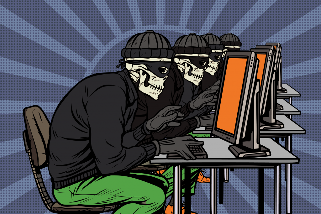 How to prevent cybercrime illustration graphic of cybercriminals hunched over computers