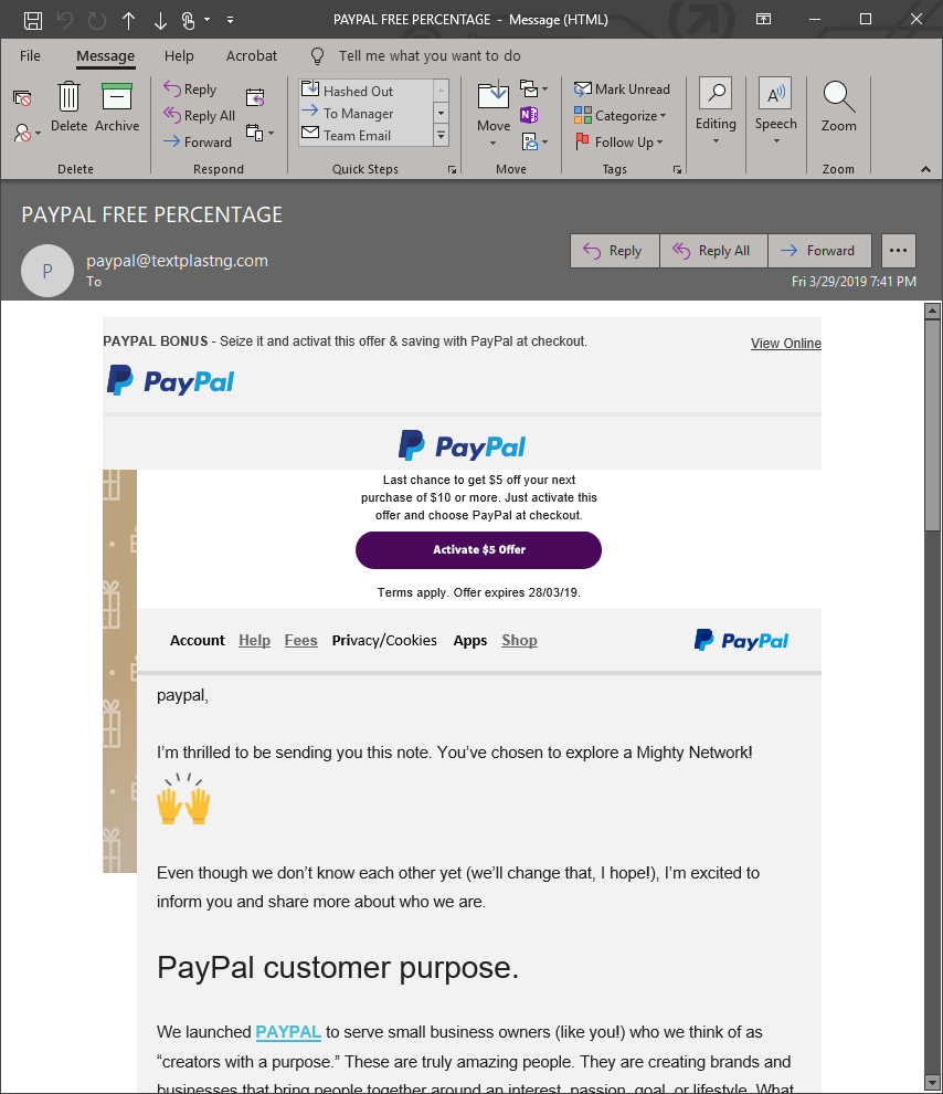 PayPal phishing email example