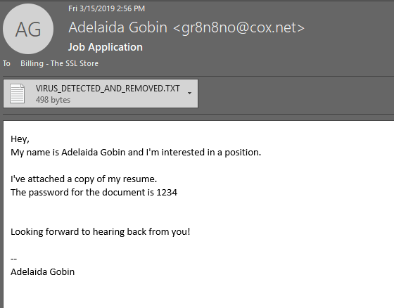 A job applicant phishing email example that's had a malicious attachment removed