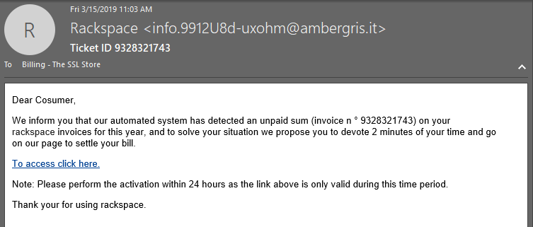 Racespace imposter email (a screenshot of another Rackspace phishing email)