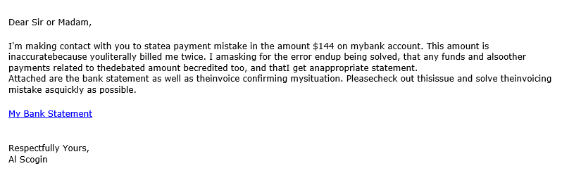 A screenshot of a phishing email that's written to look like it came from a customer