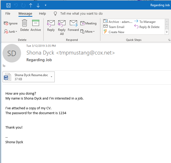A job applicant phishing email example with a malicious attachment