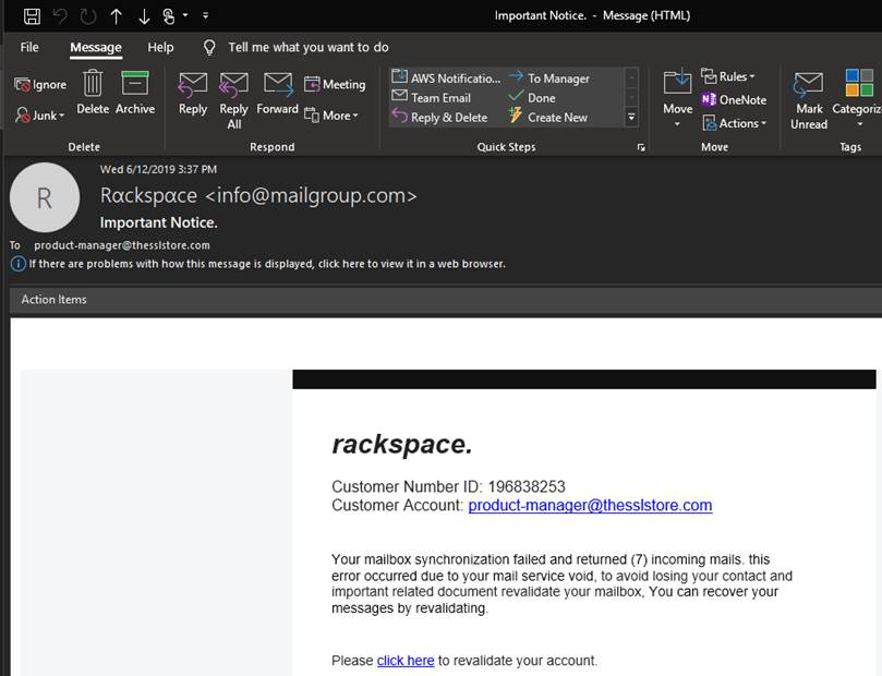 rackspace phishing example email screenshot