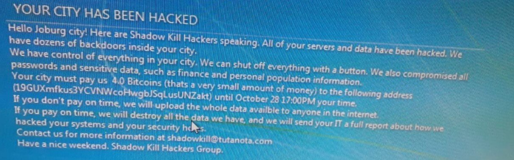 Johannesburg hack demand notice