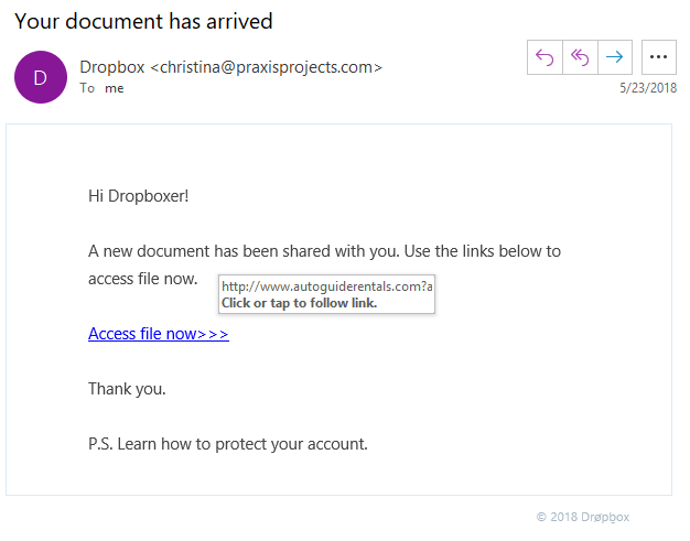 Graphic: An example of a Dropbox phishing email