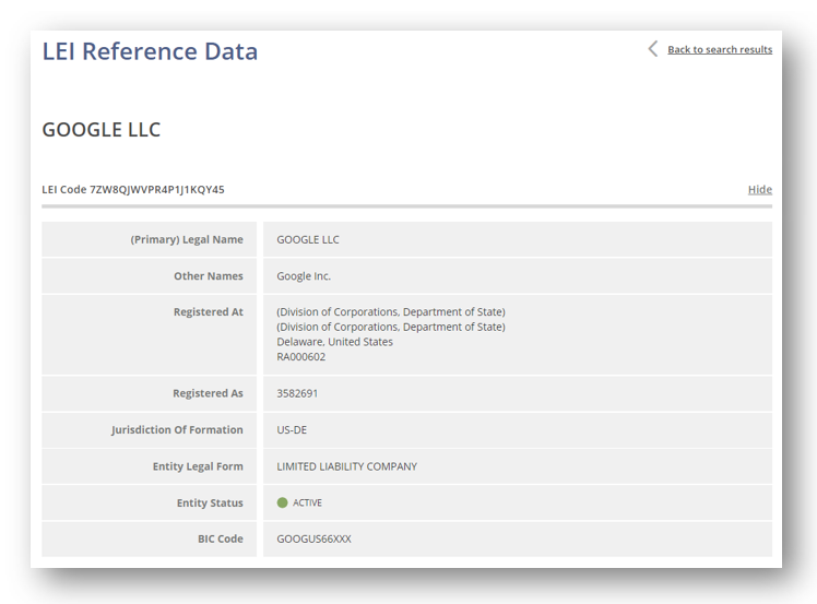 Graphic: Screenshot of Google's legal entity identifier reference data.