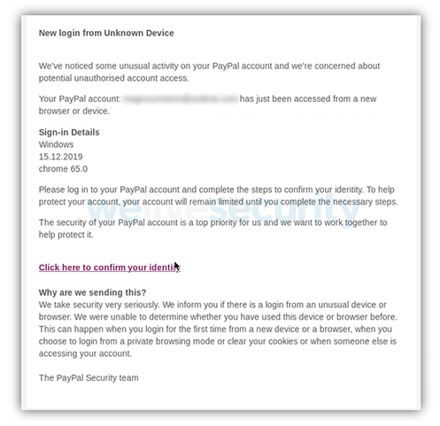 Screenshot: PayPal phishing email scam example from WeLiveSecurity by ESET