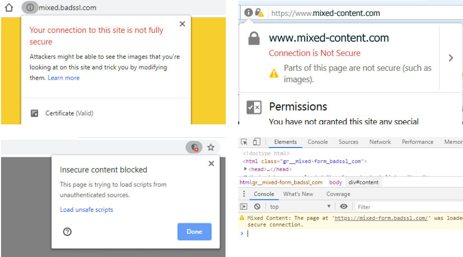 Graphic: A collage of mixed content error messages on websites