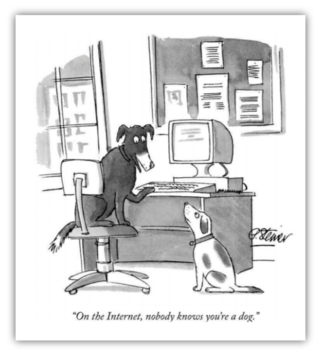 A comic that shows two dogs talking, and the one sitting in front of a computer says, "On the internet, nobody knows you're a dog."