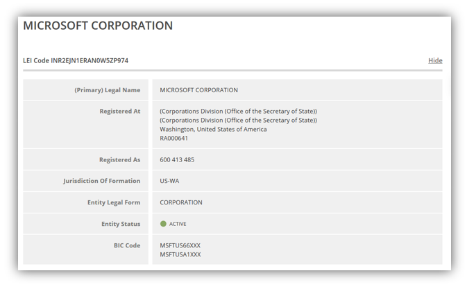 A screenshot of Microsoft corporation's LEI information