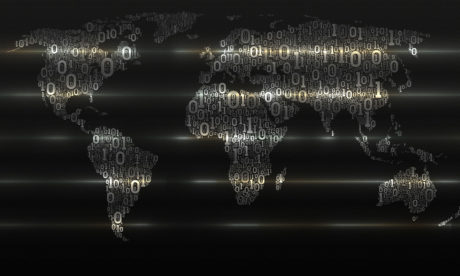 Graphic of the world with binary on it, representing data encryption requirements for GDPR, CCPA, LGPR, and HIPAA