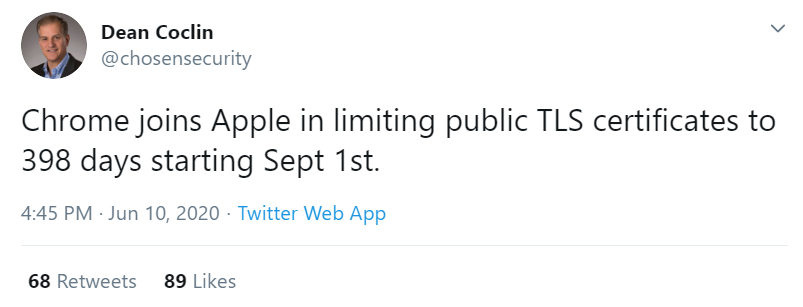 Screenshot of a tweet announcing Google's move to one year certificate validity