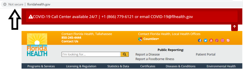 Screenshot of the Florida Department of Health website using an insecure HTTP connection