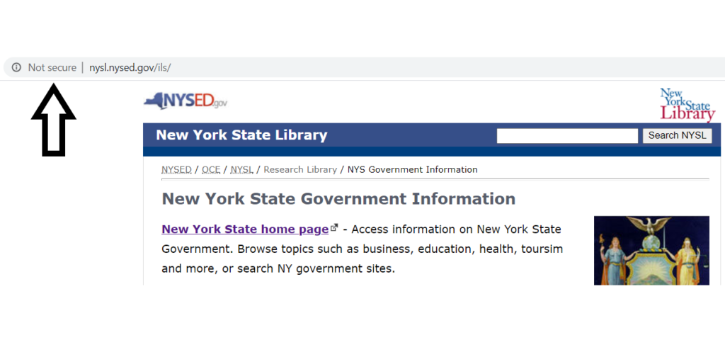 A screenshot of the New York Library's official website using an insecure HTTP connection