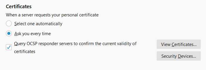 An OCSP screenshot from Firefox of the online certificate status protocol optional settings