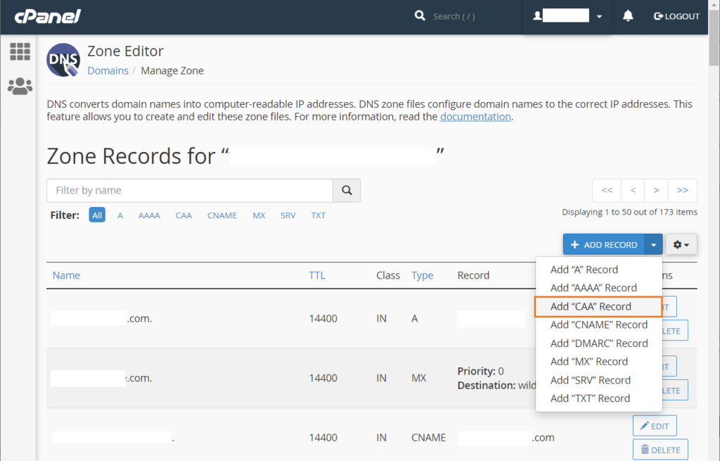 A cPanel screenshot showcasing athe fourth step in the CAA record creation process