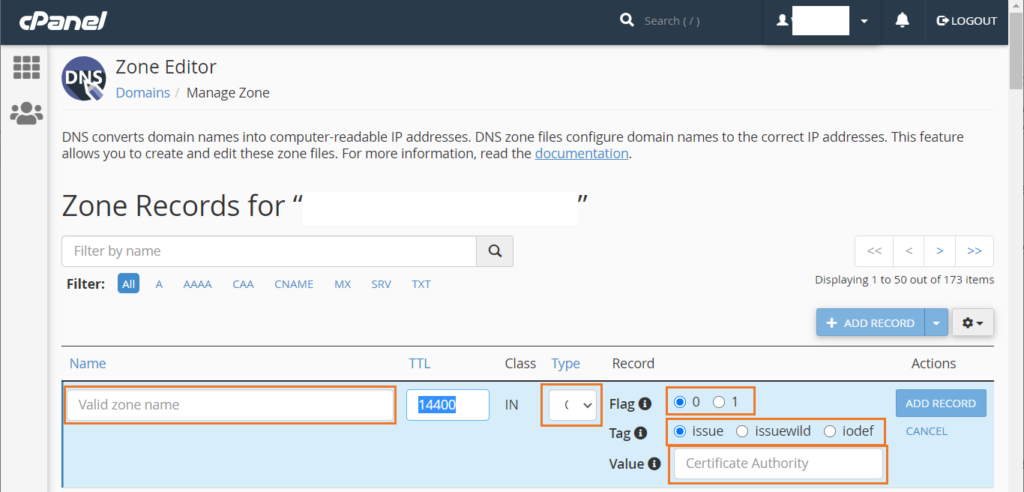 A cPanel screenshot showcasing athe fifth step in the CAA record creation process