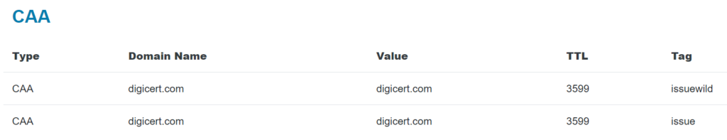 A screenshot of DigiCert's CAA record data according to dnschecker.org