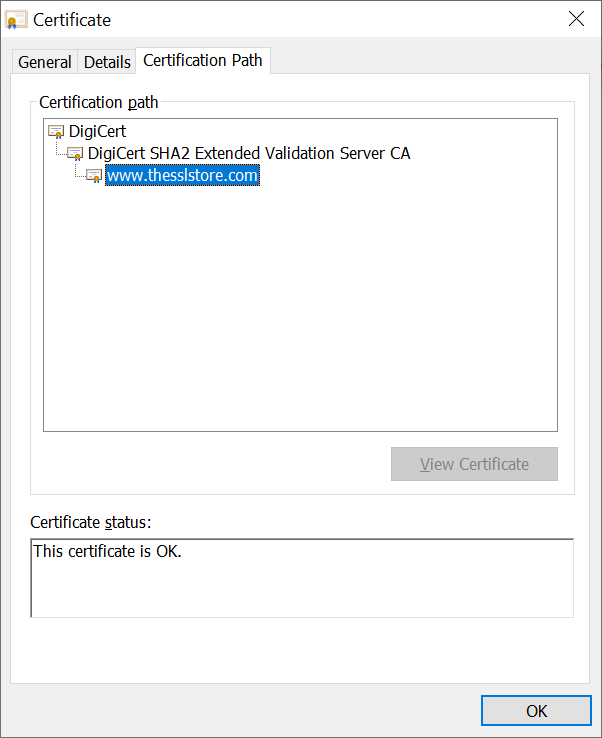 A screenshot of The SSL Store's certificate chain of trust