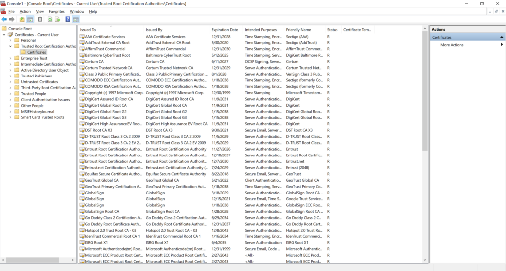 Screenshot of some of the pre-downloaded trusted root certificates