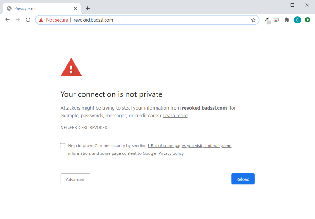 Screenshot of the certificate revocation warning in Google Chrome.