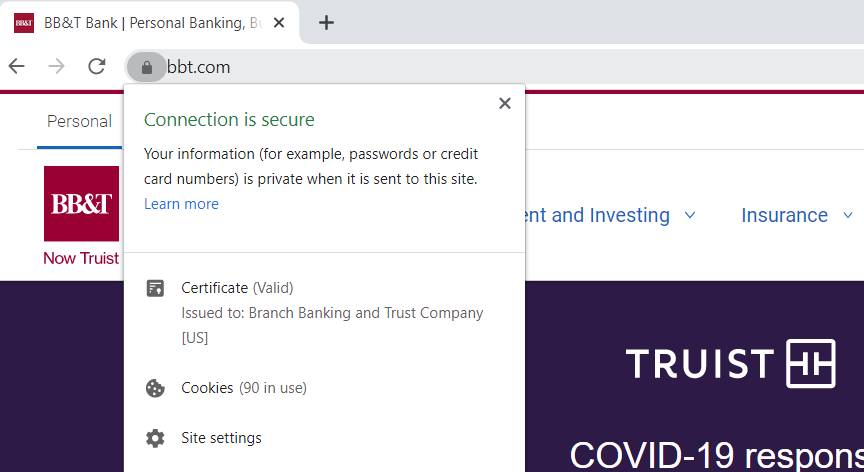 A screenshot of BB&T's website certificate & certificate authority information in Chrome