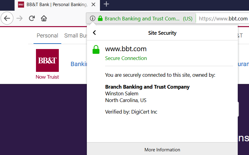 A screenshot of BB&T's website certificate & certificate authority information in Firefox