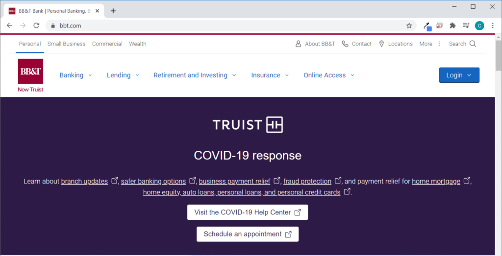 Screenshot of the BB&T website