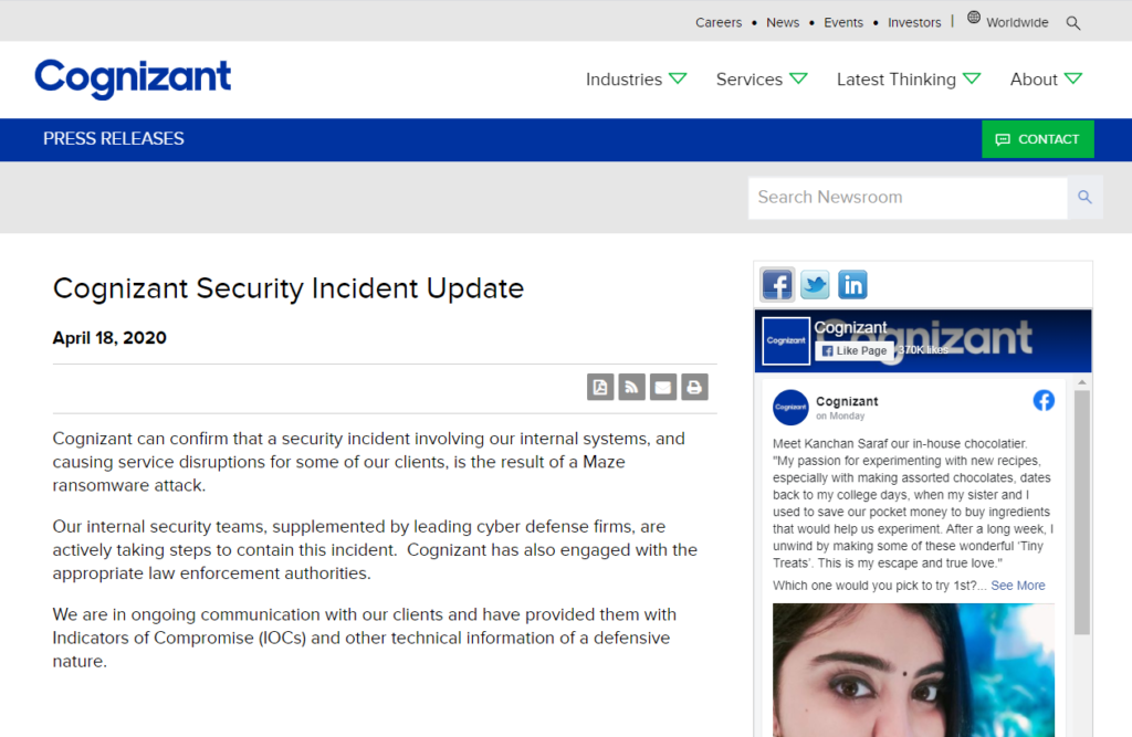 A screenshot of the April 18, 2020 ransomware update from Cognizant