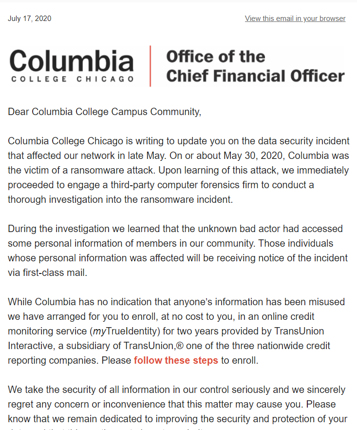 A screenshot of the latest ransomware attack update from Columbia College Chicago