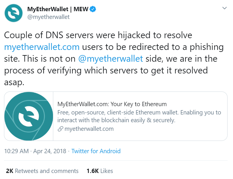 A screenshot of the MyEtherWallet tweet