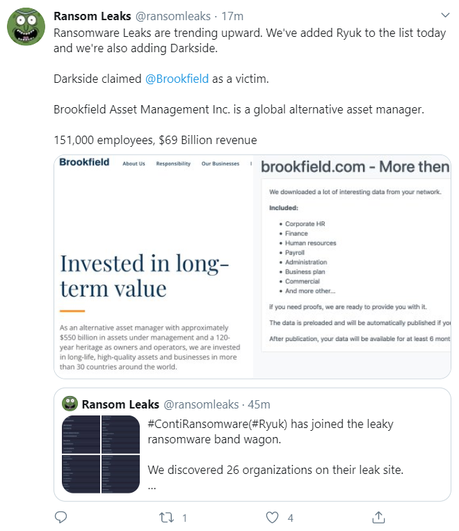 A screenshot of a tweet about recent ransomware attacks against Brookfield Asset Management