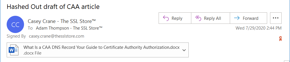 An example of an email that's signed using a certificate from a certificate authority