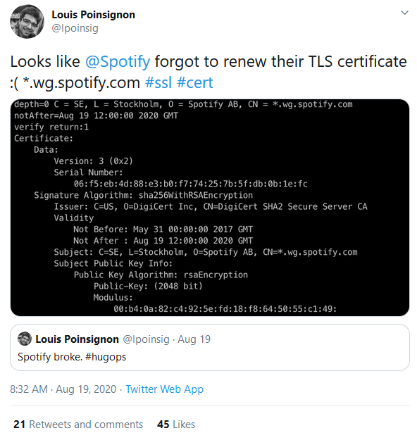 SSL certificate expiration that caused Spotify downtime