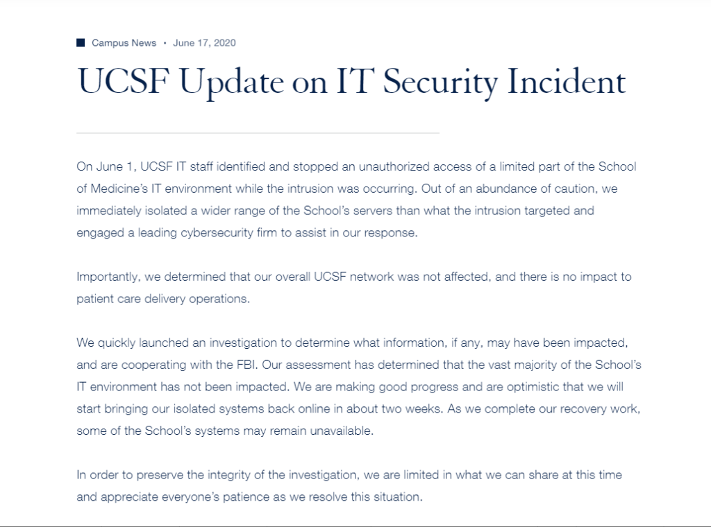 A screenshot of the UCSF ransomware update message on June 17, 2020