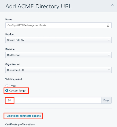 ACME Directory/Certificate Configuration within DigiCert CertCentral