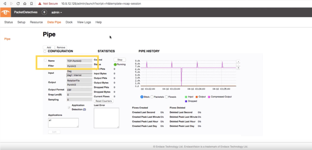 Screenshot of the data pipe on EndaceProbe