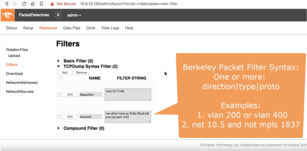 Screenshot of packet filtering using EndaceProbe