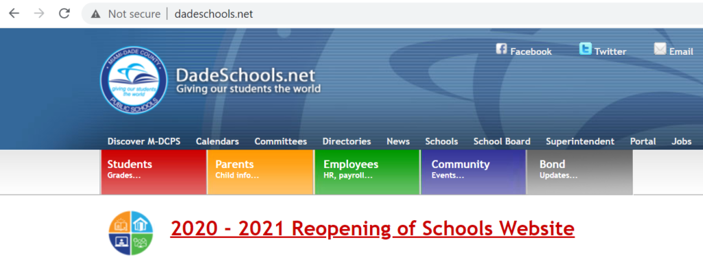 A screenshot of the insecure Miami Dade Public Schools website warning 