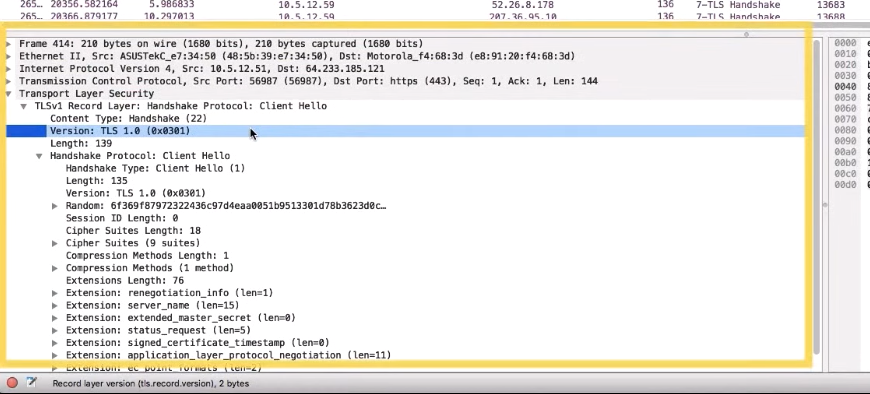 A screenshot of the traffic capture window that shows the version of TLS