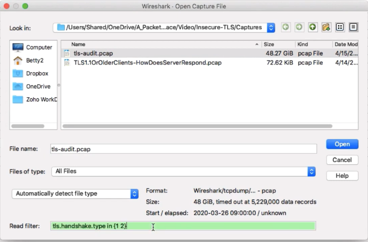 A screenshot of the WireShark open capture file window