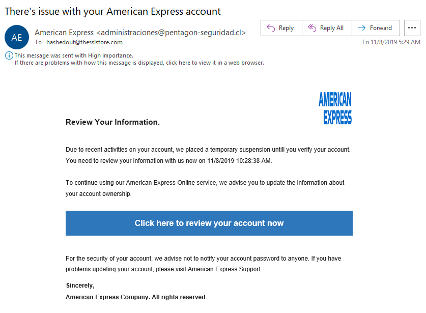 An American Express phishing email example