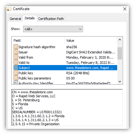 SSL certificate details