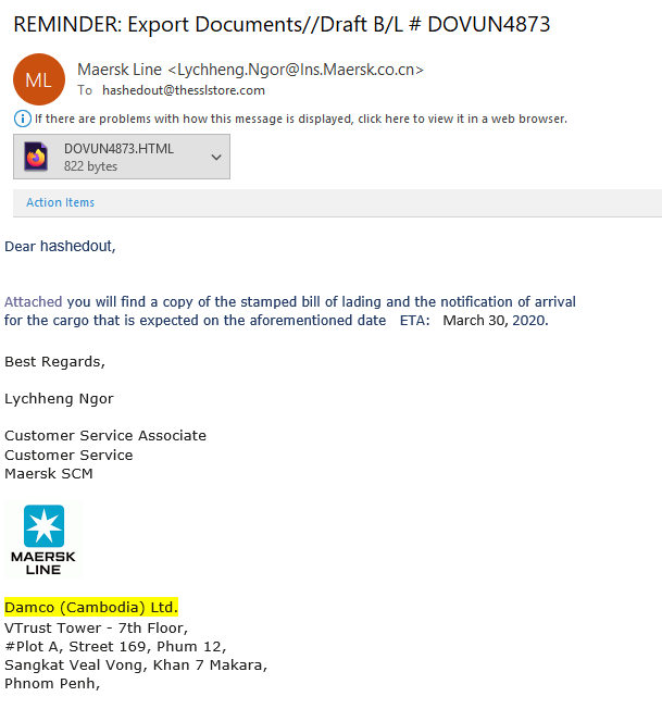 Another phishing email examples screenshot of someone pretending to be Maersk Line
