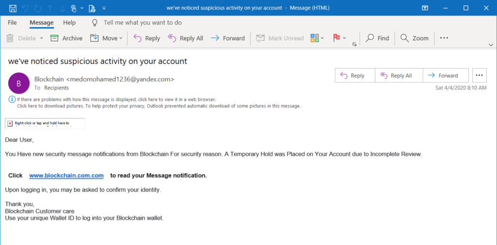 Phishing email examples screenshot of a message targeting Blockchain.com digital wallets