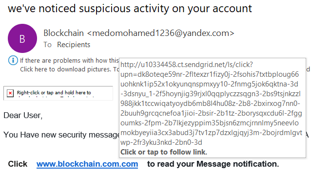 A screenshot of the URL phishing in this phishing email example
