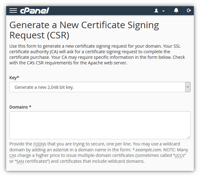 Generate a new CSR in cPanel