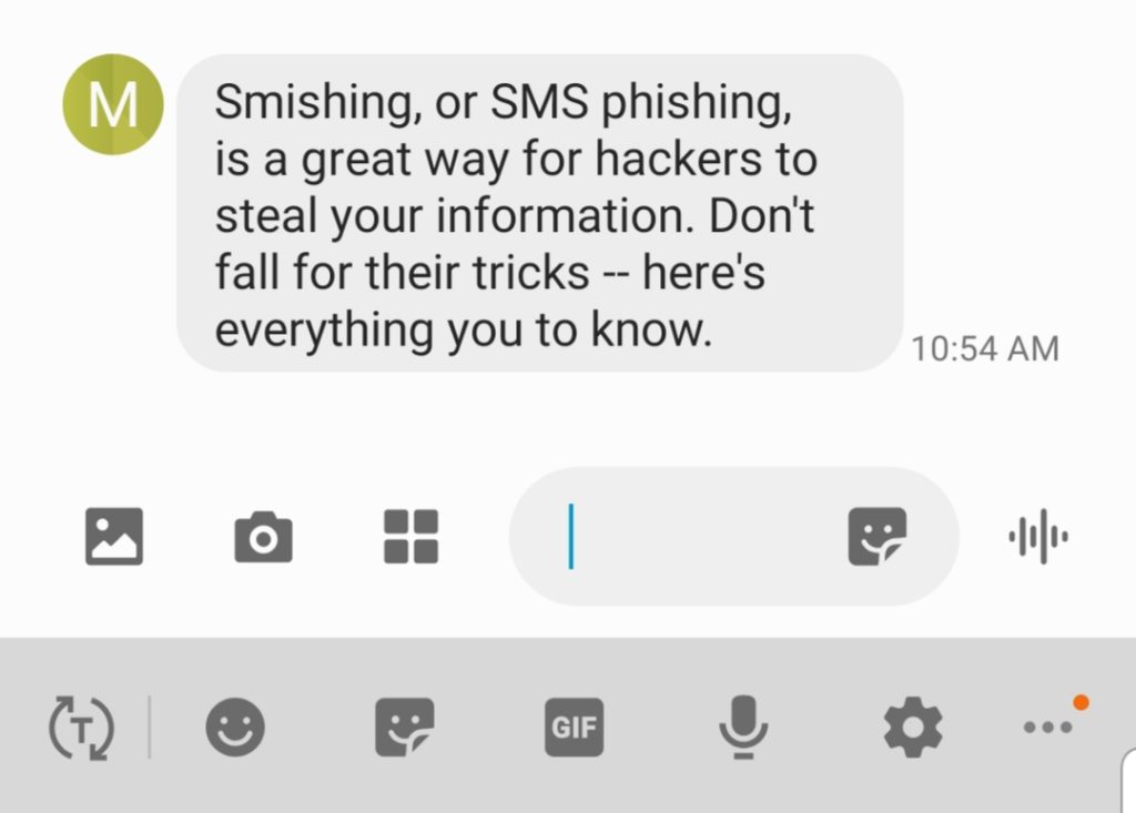 A screenshot of a warning about smishing or SMS phishing