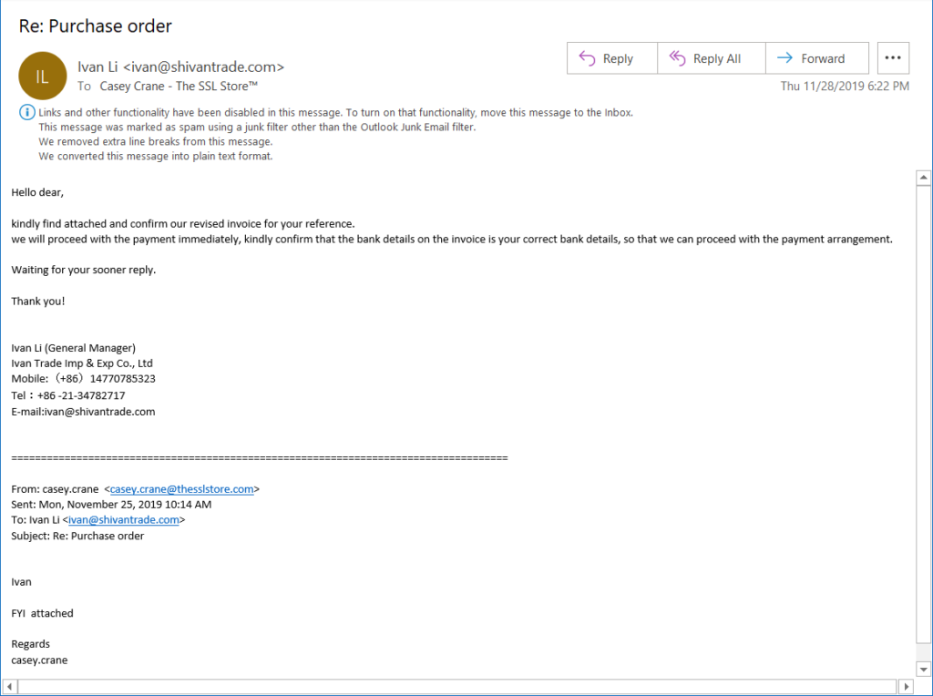 Phishing email examples graphic of a fake purchase order